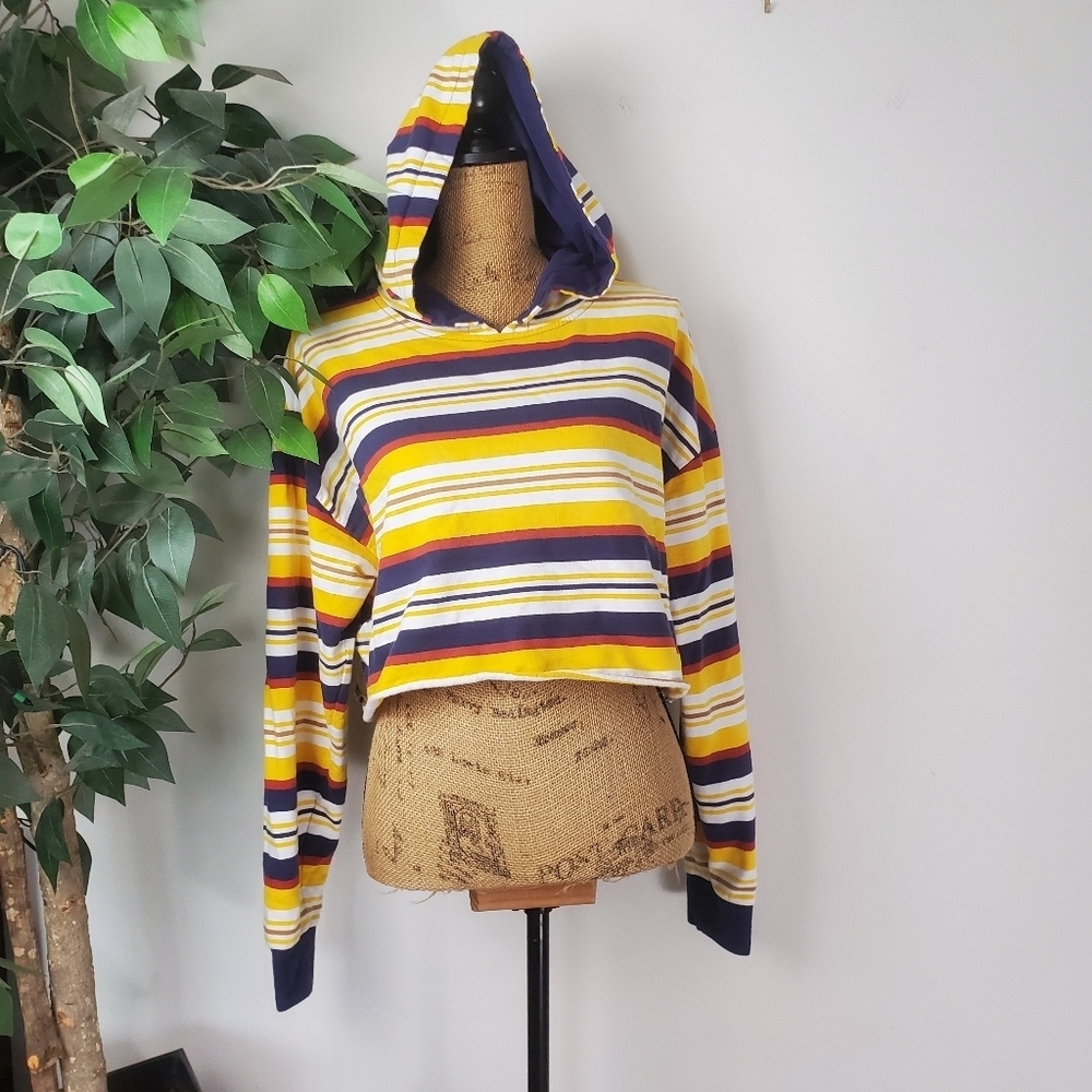Zumiez Zine Yellow Striped Crop Hoodie Women's Size Large